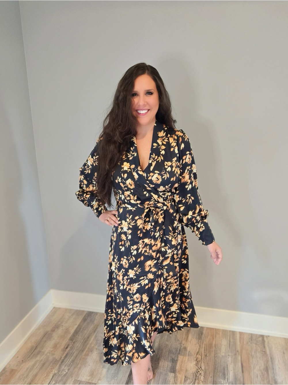 Black Satin Floral Wrap Midi Dress | Ruffle Hem Balloon Sleeve Elegant Dress